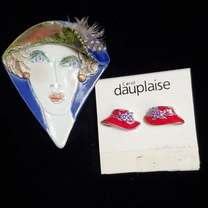 Ceramic  Lady pin and Red Hat Earrings